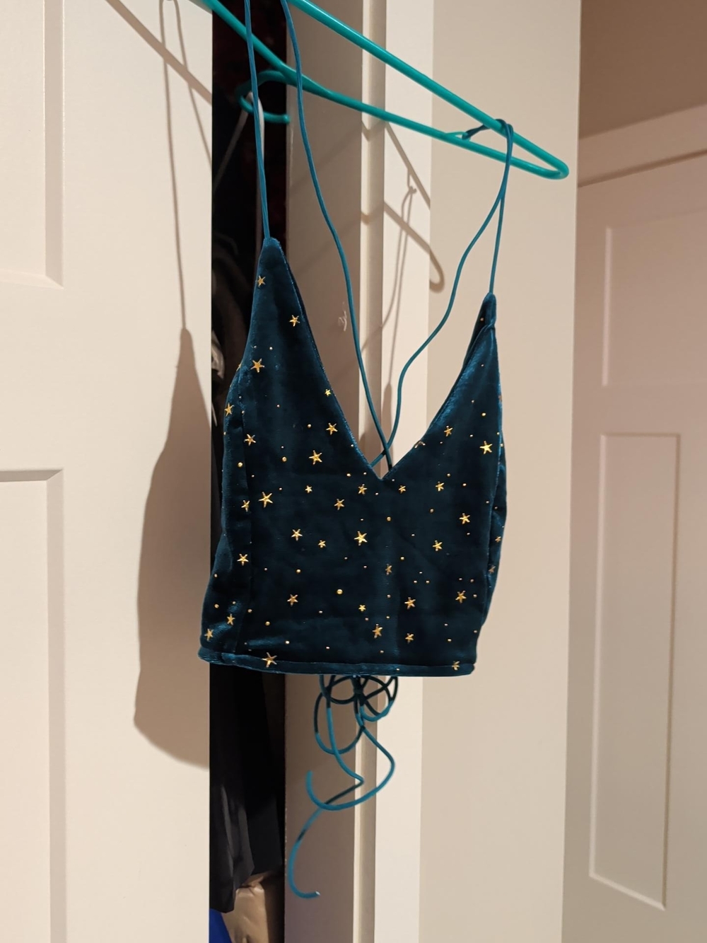 Teal Velvet Celestial Gold Star Lace-Up Crop Top – M